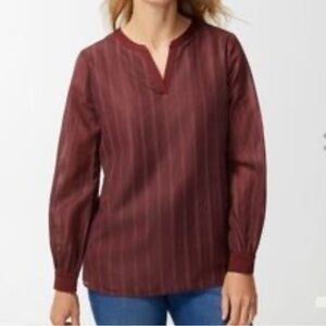 Chico’s Notch Placket Popover Top Sweet Raisin Shadow Stripe NWT Sz 2 (Lg)